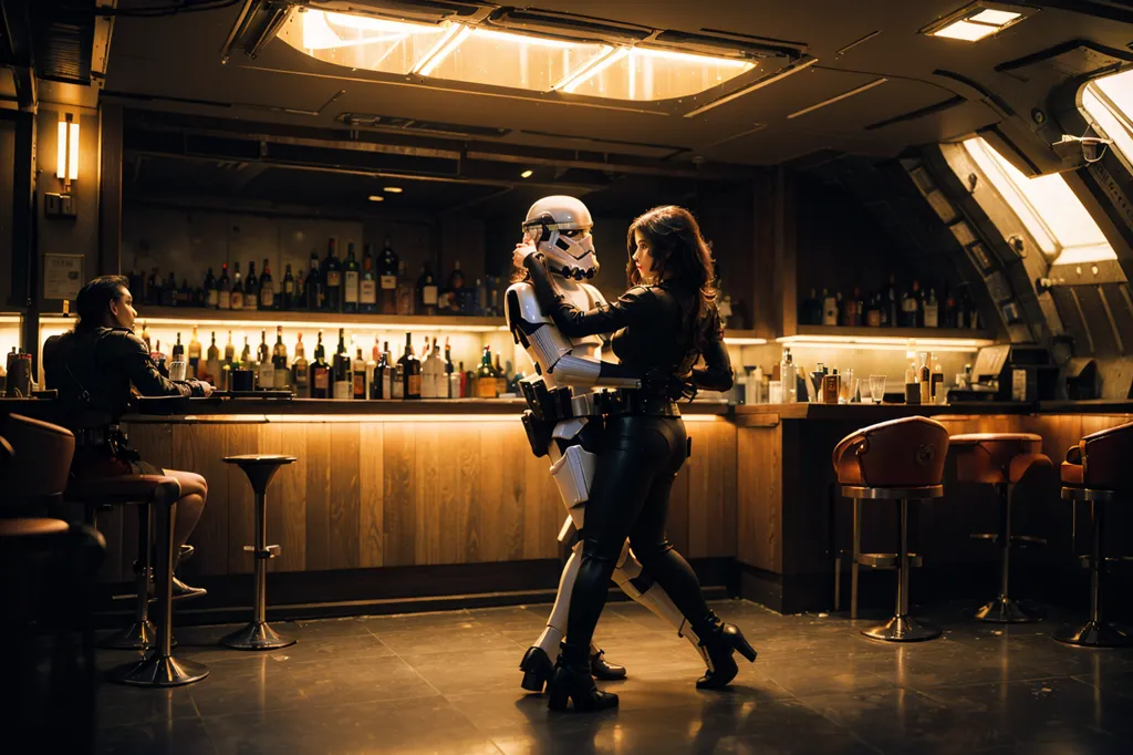 The image shows a scene in a bar. There is a man in a stormtrooper costume dancing with a woman in a black leather outfit. The woman has her hand on the man's shoulder and the man has his hand around the woman's waist. They are both looking at each other and smiling. There are bottles on the shelves in the background and a man sitting at the bar watching them.