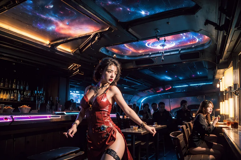 The image shows a woman in a red dress dancing in a bar. The bar has a space theme, with stars and planets projected on the walls and ceiling. There are other people in the bar, sitting at tables and drinking. The woman is standing on a small stage, and she is wearing a headset. She is looking at the camera, and she has a confident expression on her face.