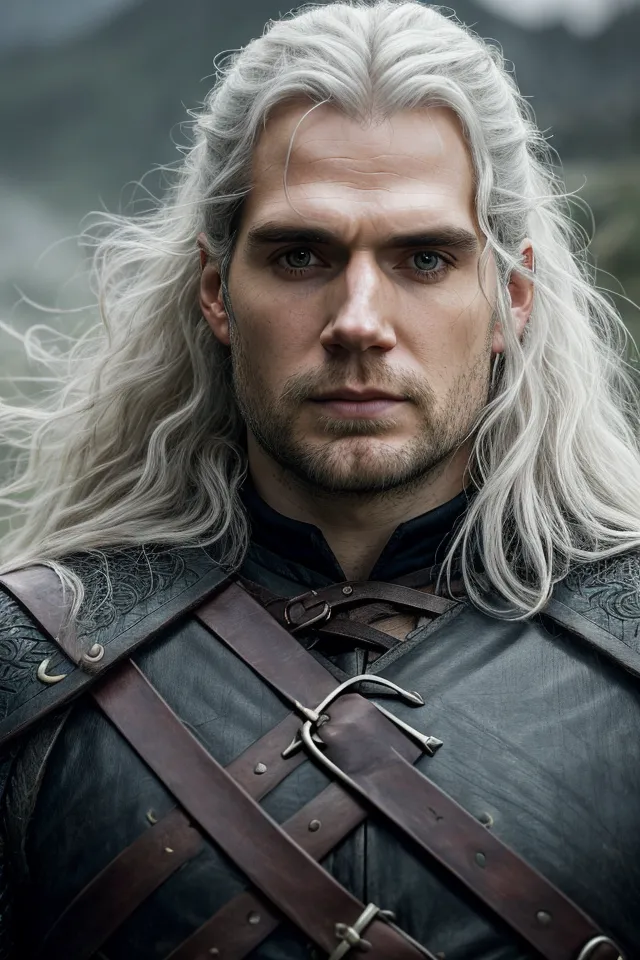 This image shows a man with long white hair and blue eyes. He is wearing a black leather jacket with silver buckles and has a sword on his back. He is standing in a forest and looks to be in deep thought.