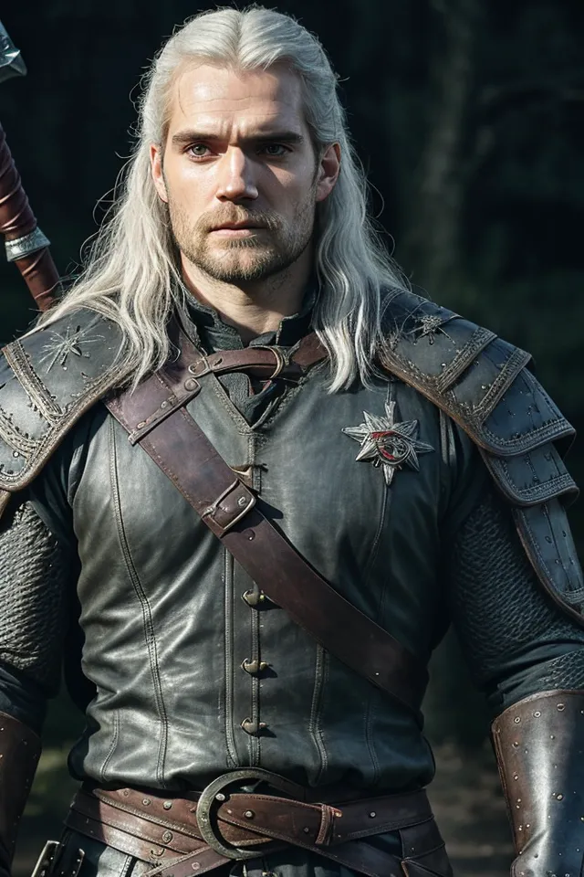 This image shows a man with long white hair and a beard. He is wearing a black leather jacket with a gray shirt underneath. He has a sword on his back and a pouch on his belt. He is standing in a forest and looks to be in deep thought.