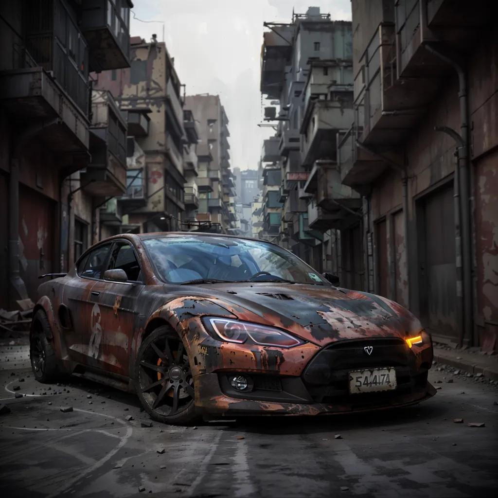 La imagen muestra una calle de una ciudad post-apocalíptica con un Tesla Model S Plaid oxidado y dañado. El coche está cubierto de polvo y tiene el parabrisas roto. La calle está llena de escombros y los edificios están en ruinas. El cielo está oscuro y nublado.