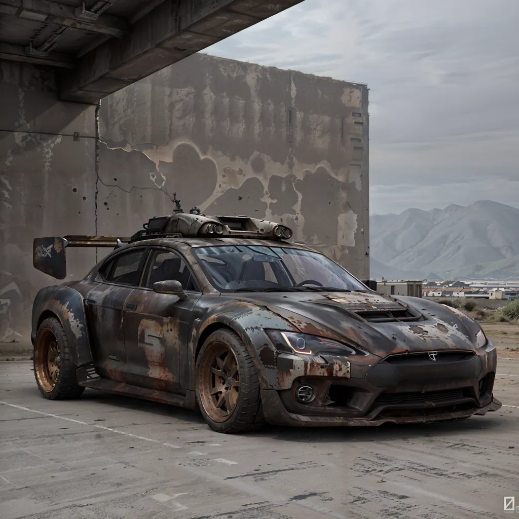 The image shows a post-apocalyptic Tesla Model S. The car is covered in rust and dirt, and it has a number of modifications that make it look like it is ready for battle. The car has a large spoiler on the back, a roof rack with a number of weapons mounted on it, and a number of other modifications that make it look like it is ready to take on anything. The car is also sitting in a very scrapyard, which adds to the post-apocalyptic feel of the image.