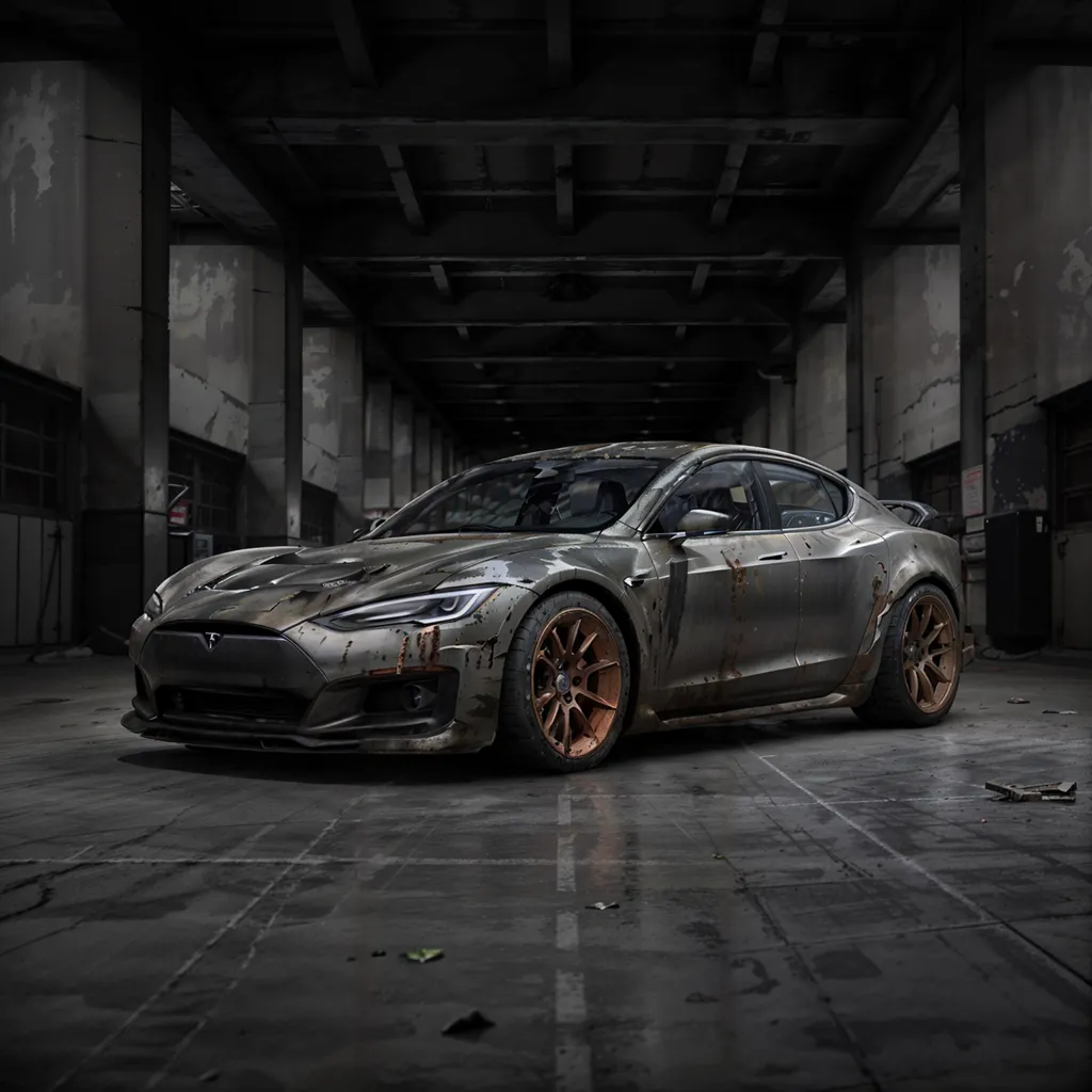 The image shows a dark gray Tesla Model S in a post-apocalyptic setting. The car is covered in rust and dirt, and the wheels are missing. The car is sitting in a dark and abandoned parking garage. There is a large hole in the wall behind the car.