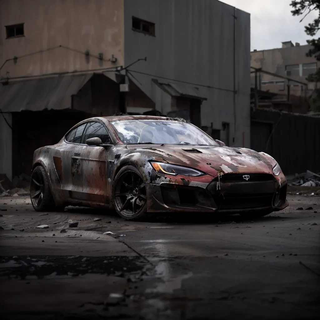 The image shows a post-apocalyptic Tesla Model S. The car is covered in rust and dirt, and the windows are cracked and broken. The car is sitting in a junkyard, surrounded by other abandoned vehicles. The sky is dark and cloudy, and the atmosphere is one of hopelessness and despair.