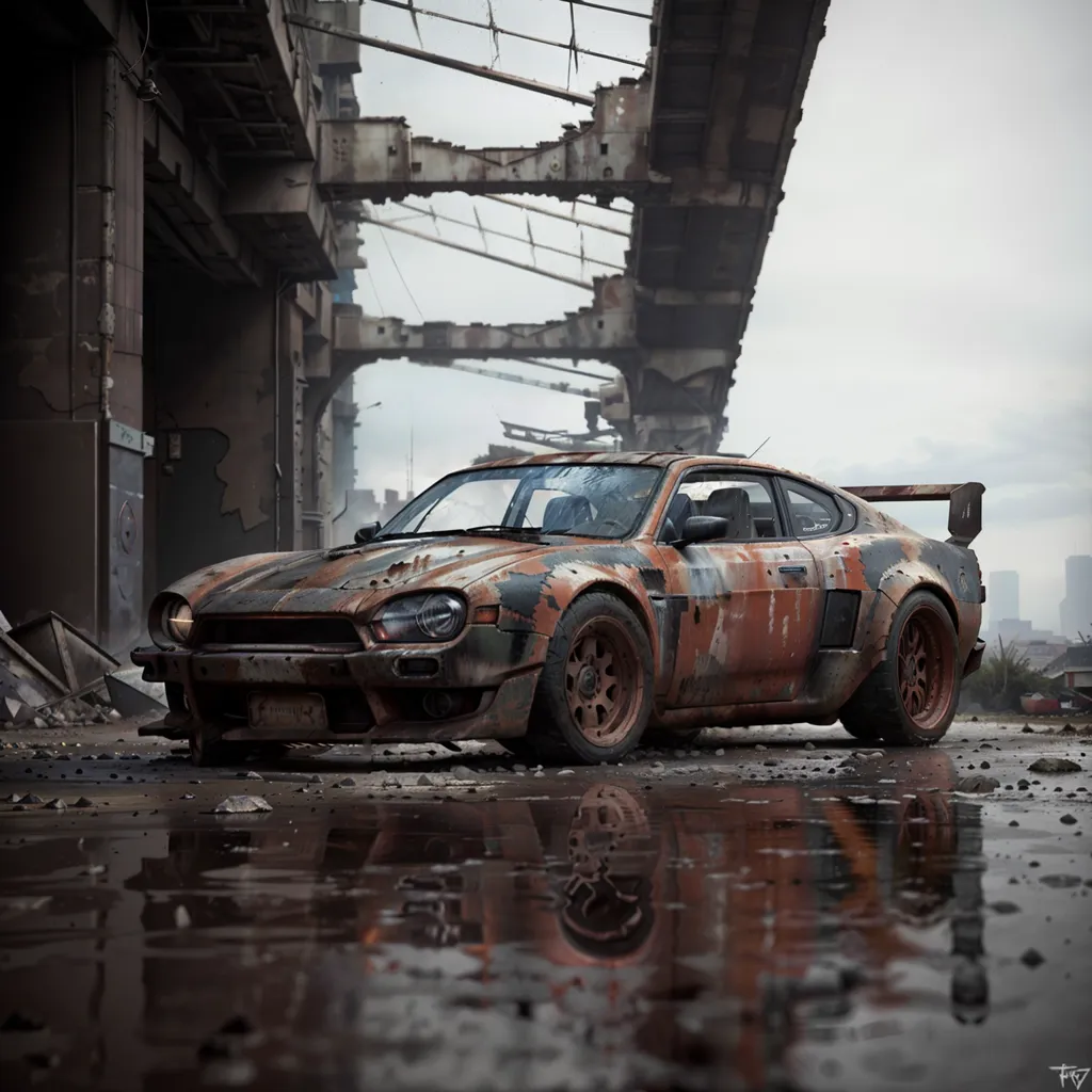 The image shows a post-apocalyptic city. The city is in ruins, with destroyed buildings and rubble everywhere. The sky is dark and cloudy. There is a car, which looks like a Datsun 240z, in the foreground. The car is rusty and damaged. There is a large hole in the windshield. The car is sitting in a pool of water. There are tire tracks in the water. There is a building in the background. The building is also damaged. There are large holes in the walls. The building looks like it has been abandoned.