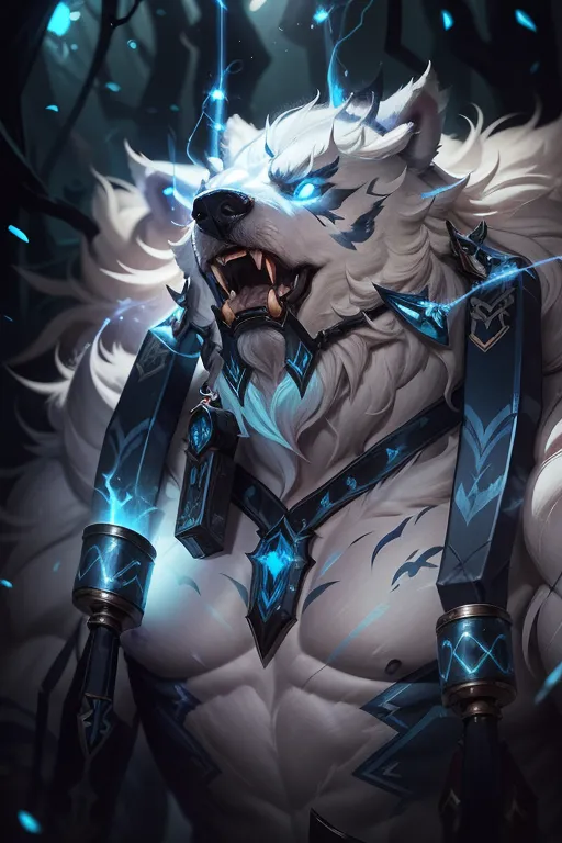 The image is of a shirtless muscular man with white fur and blue eyes. He has two large blue metal gauntlets on his arms and a large blue crystal embedded in his chest. He is standing in a dark forest with blue lightning bolts striking around him.