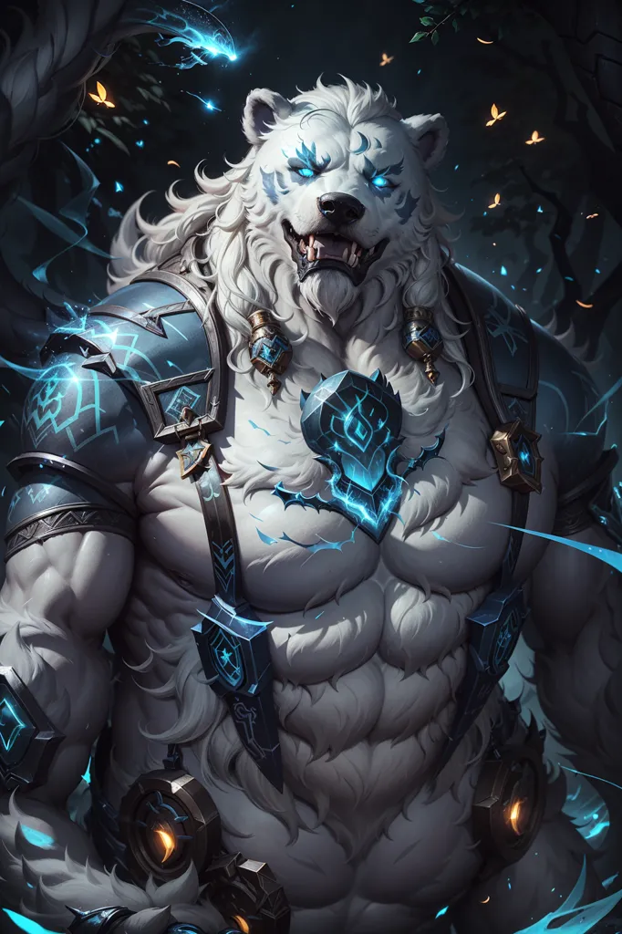 The image is of a muscular white bear standing in a dark forest. The bear is wearing blue and brown armor and has a large blue crystal embedded in its chest. It is surrounded by blue energy and has a fierce expression on its face.