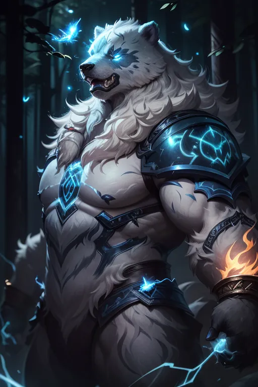 The image is of a muscular white werewolf standing in a dark forest. The werewolf is wearing blue and brown armor and has glowing blue eyes. There are blue and yellow magical effects around the werewolf. The werewolf is surrounded by trees and there is a full moon in the background.