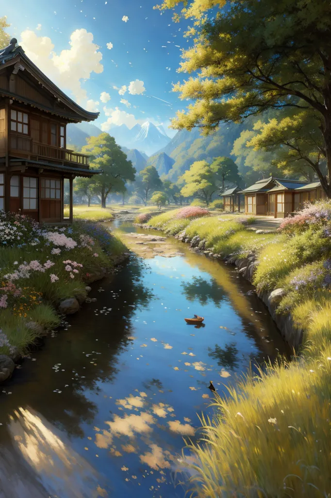 Un hermoso paisaje pintado en un estilo tradicional japonés. La pintura representa a un pequeño pueblo enclavado en un valle entre dos montañas. El pueblo está rodeado de frondosos árboles verdes y flores, y un río atraviesa el centro. Hay varias casas en el pueblo, todas ellas construidas en un estilo tradicional japonés. La pintura está realizada en un estilo muy realista, y el artista ha utilizado una variedad de técnicas para crear una sensación de profundidad y atmósfera. El efecto general es de paz y tranquilidad.