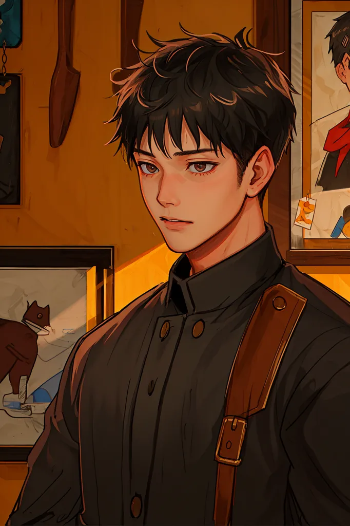 This is an illustration of a young man with short black hair and brown eyes. He is wearing a black shirt with a white collar and a brown strap over his shoulder. He is standing in front of a wall with a picture of a cat on it. There are also two other pictures on the wall. The man has a serious expression on his face.