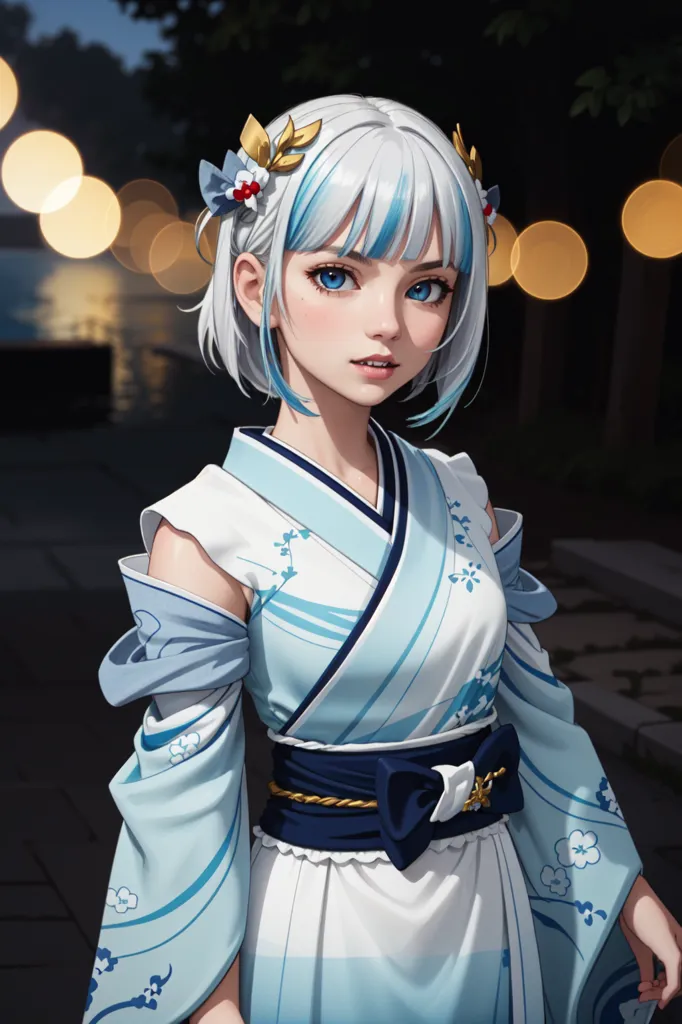 This is an image of a young woman with white and blue hair. She is wearing a kimono with a blue and white pattern. The kimono has a white obi tied around the waist. The woman is looking at the viewer with a slight smile on her face. She is standing in a dark place with a blurred background.