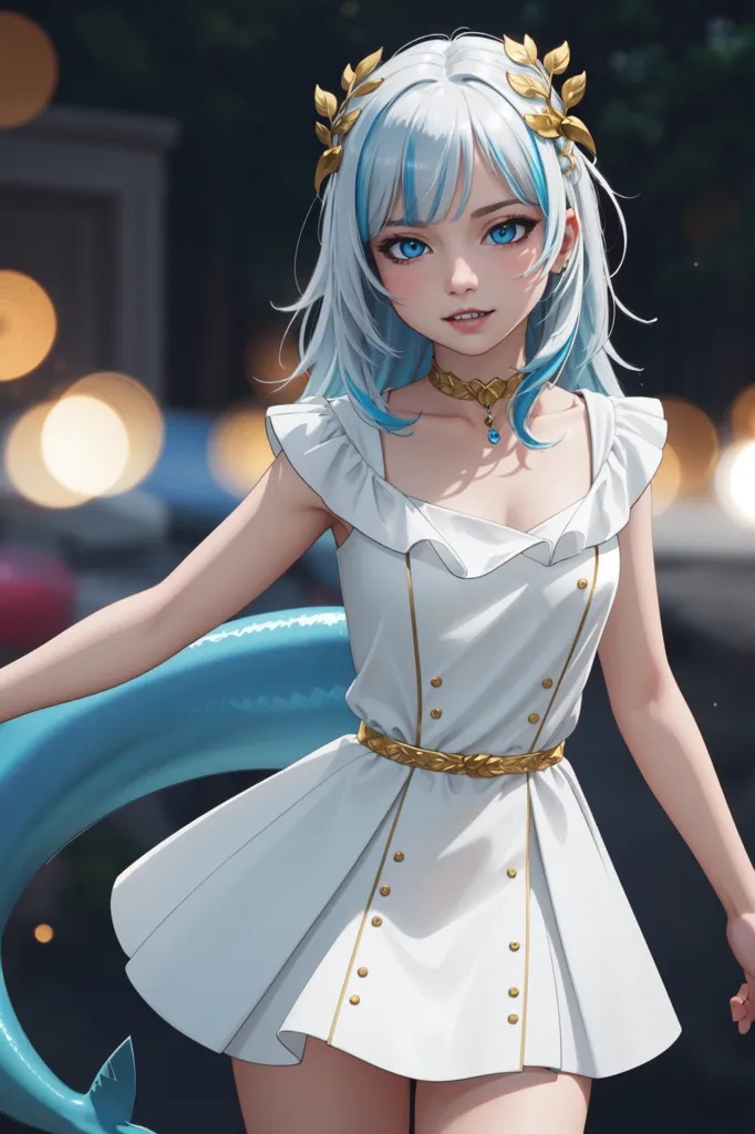 This is an image of a young woman with white hair and blue eyes. She is wearing a white dress with a blue sash and a gold necklace. She has a fish tail instead of legs. She is standing in a city street with a blurred background.