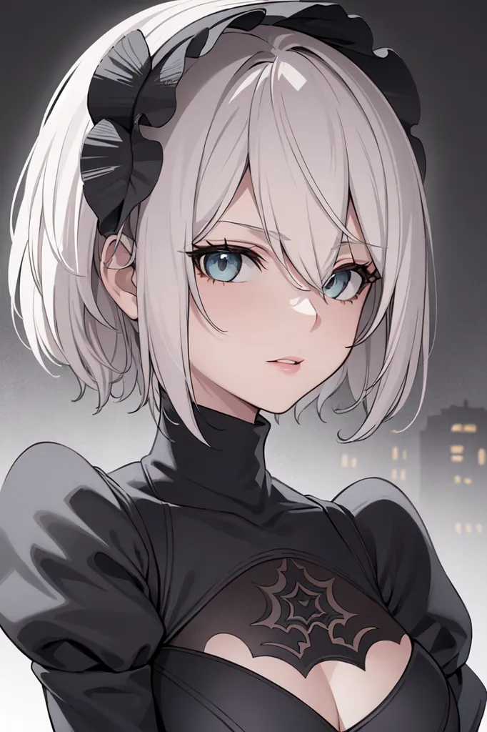 The image is a digital painting of a young woman with white hair and blue eyes. She is wearing a black dress with a white collar and a black bow in her hair. The background is a dark cityscape with a few lights in the distance. The woman's expression is serious and thoughtful.