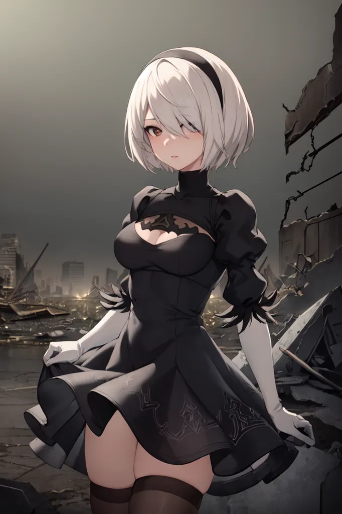 The image is an anime-style drawing of a young woman. She has white hair and red eyes, and is wearing a black dress with a white collar. The dress is open at the chest, revealing a large amount of cleavage. She is also wearing black stockings and white gloves. The woman is standing in a ruined city, with large buildings and skyscrapers in the background. The sky is dark and cloudy.