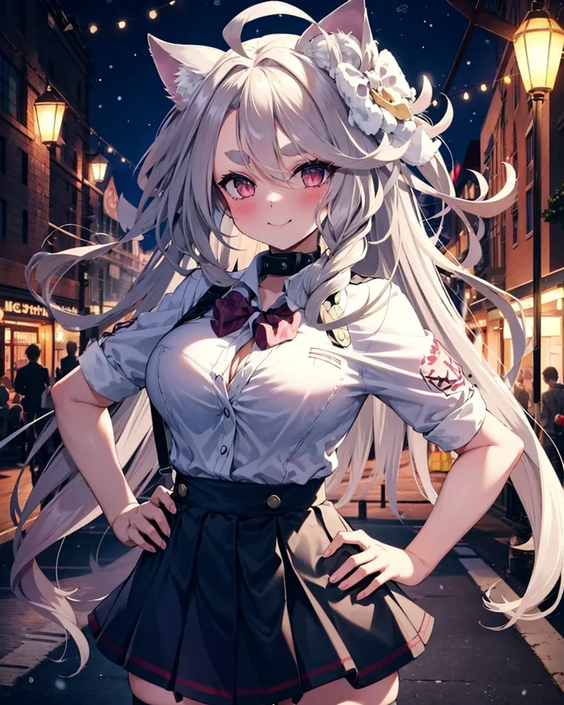 The image is an anime-style drawing of a young woman with cat ears and a fluffy white tail. She has long, wavy white hair and pink eyes. She is wearing a white shirt, a gray skirt, and a red tie. She is also wearing a pair of black boots. She is standing in a city street at night. There are buildings and streetlights in the background. The woman is smiling and has her hands on her hips.