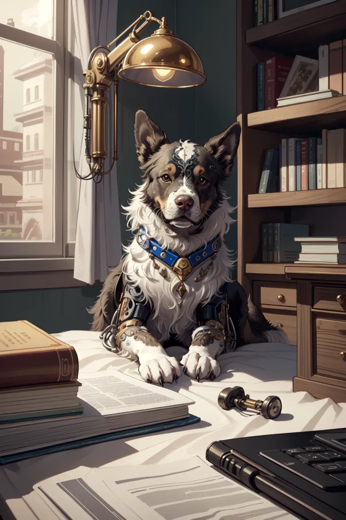 The image shows a steampunk dog sitting on a table in a study. The dog has white and gray fur, and is wearing a blue collar with a silver tag. It has a robotic left front leg and a robotic left hind leg. There is a book open on the table. The dog is looking at the camera. There is a lamp on the table behind the dog. There is a window to the left of the table. There is a bookshelf to the right of the table.