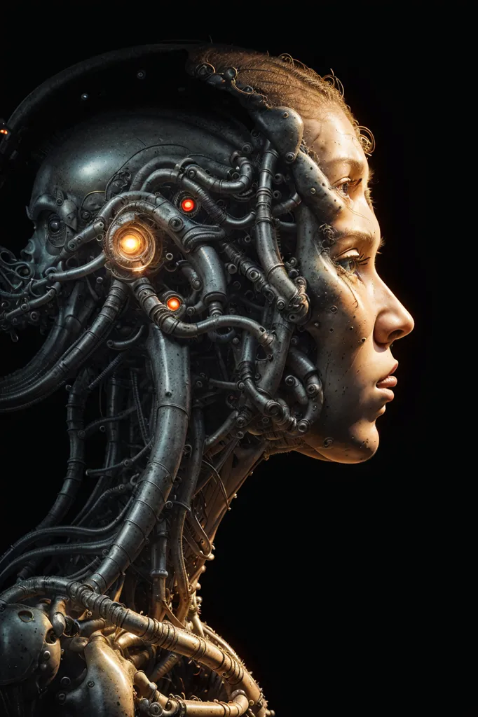 The image is a dark portrait of a female cyborg. The left half of her face is covered in metal and wires, while the right half is human. The cyborg's eyes are a bright orange, and her expression is one of determination. She is wearing a black bodysuit, and her hair is short and dark. The background is black, and there is a light source on the right side of the image that is illuminating the cyborg's face.