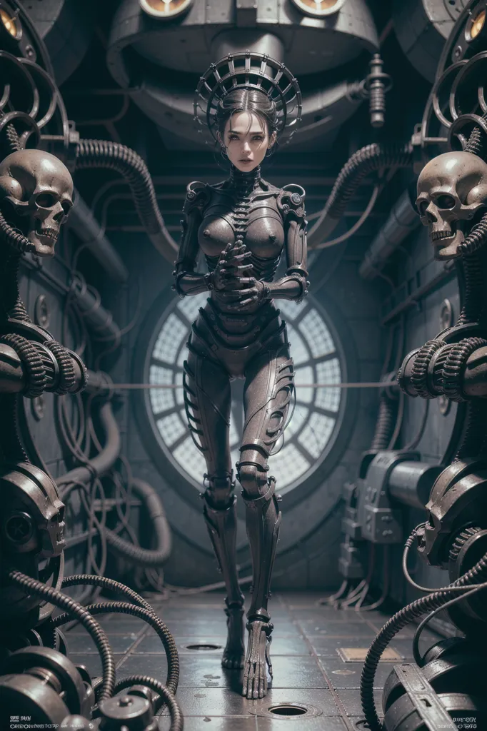 The image is a dark and steampunk-themed depiction of a female robot. She is standing in a large, circular room with a large clock on the back wall. The room is filled with steampunk machinery and skulls. The robot woman is wearing a crown and is made of metal. She has wires and tubes coming out of her body, and her eyes are glowing. She is barefoot and looks like she is in pain.