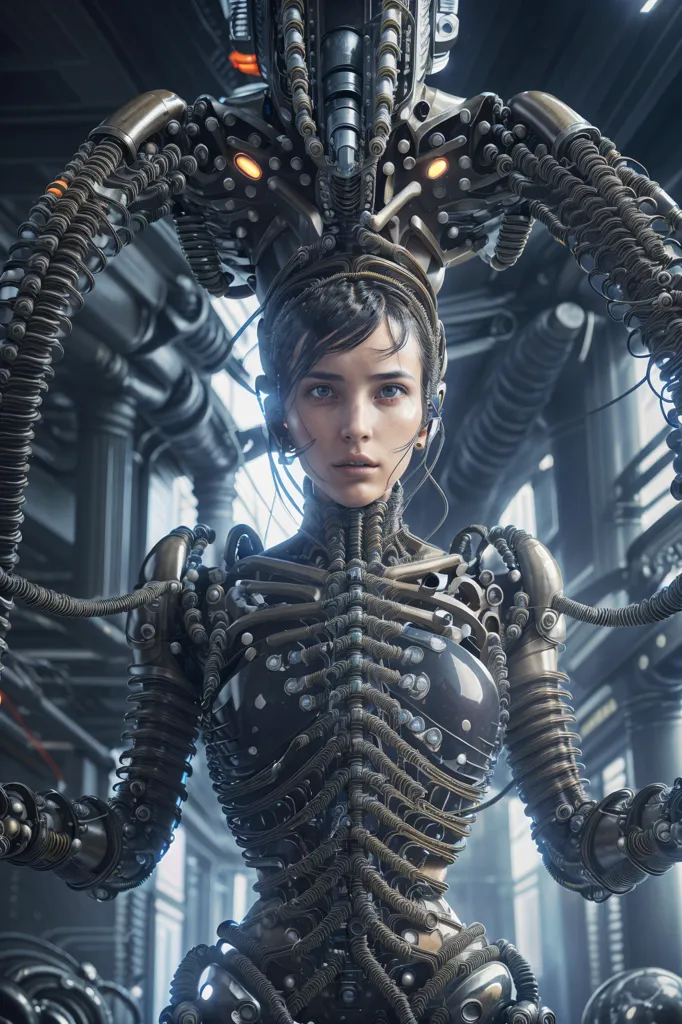 The image is of a cyborg woman. She has a metal exoskeleton that covers her entire body. Her face is mostly human, but she has some metal implants around her eyes and mouth. She is wearing a black bodysuit that covers her arms and legs. She is also wearing a pair of headphones. The background of the image is a dark, industrial setting. There are large metal pipes and structures all around her. The image is very detailed and realistic.