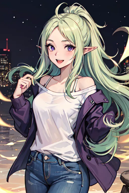 L'image montre une fille elfe de style anime aux longs cheveux verts et aux yeux violets. Elle porte un débardeur blanc, une veste violette et un jean bleu. Elle se tient dans une ville la nuit, avec des bâtiments et des lumières en arrière-plan. La fille sourit et a une expression confiante sur son visage.