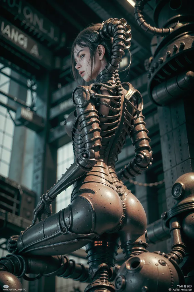 This is an image of a steampunk cyborg woman. She is kneeling on a large metal pipe. She is wearing a metal bikini top and a pair of metal pants. Her arms and legs are made of metal, and she has a metal spine. Her hair is long and brown, and she has green eyes. She is looking at the viewer with a neutral expression. The background is a dark and dirty steampunk environment.