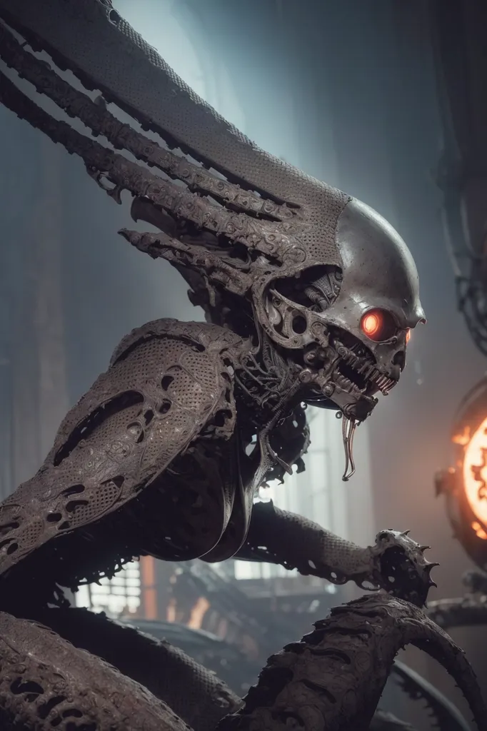 The image is a dark and detailed depiction of a biomechanical creature. The creature is crouched on a rocky surface, its body twisted and hunched. Its head is a mass of metal and wires, with a single glowing red eye. Its mouth is open, and its teeth are bared. The creature's body is covered in a carapace of metal plates, and its arms and legs are tipped with sharp claws. The background is a dark, industrial landscape, with a large furnace in the distance.