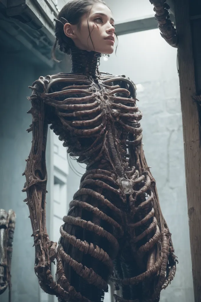 The image is of a woman who appears to be made of bones and flesh with a metallic sheen. She is standing in a dark room with a high ceiling. The only light comes from a small window on the left side of the image. The woman is looking to the right of the frame. She has a determined expression on her face.