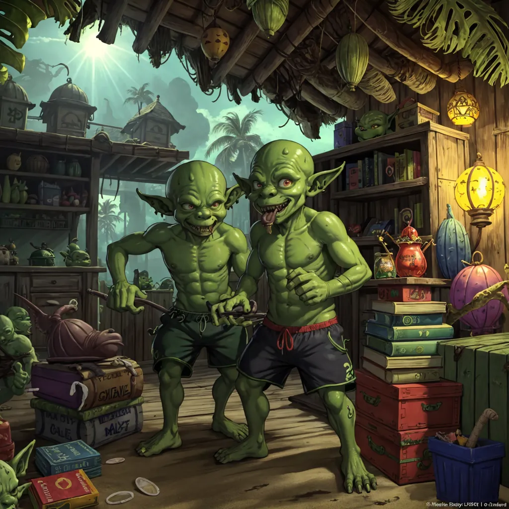 The image shows two green goblins in a hut. The hut is made of wood and has a thatched roof. There are shelves on the walls of the hut, and there are various objects on the shelves, including books, potions, and food. There is a large window in the hut, and the sun is shining through the window. The goblins are both wearing red swim trunks. They are both holding swords. They have large toothy grins on their faces.