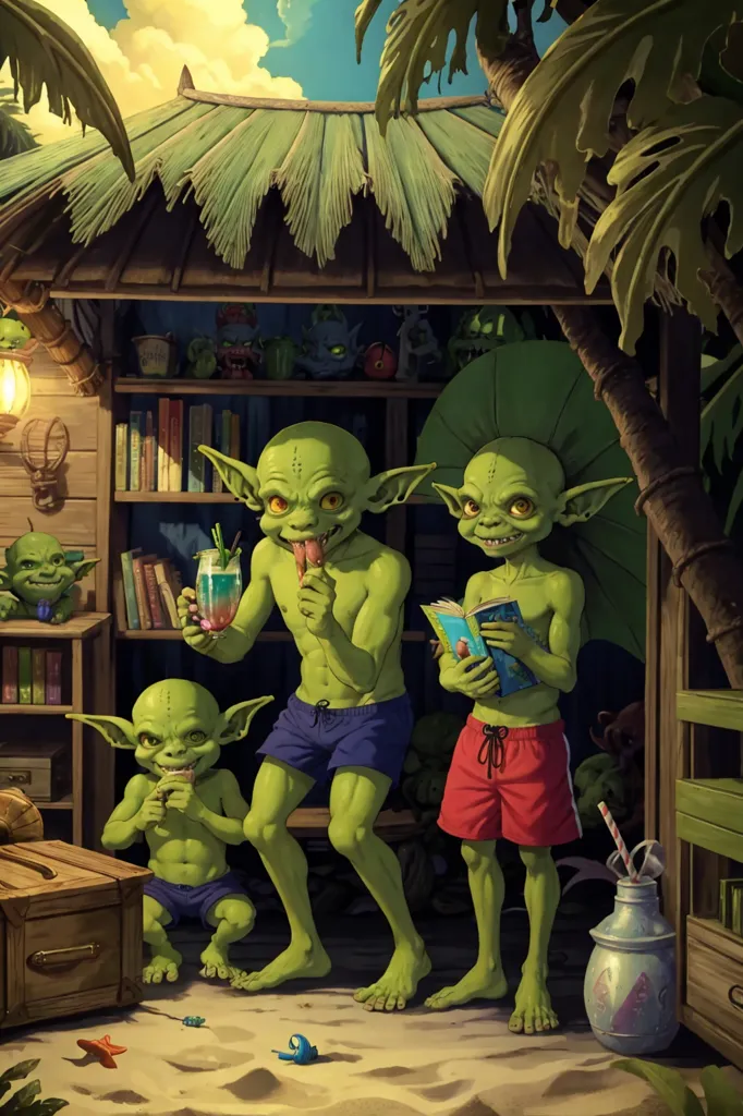 The image shows three goblins in a beach hut. The goblin on the left is wearing a green loincloth and is holding a book. The goblin in the middle is wearing a red loincloth and is holding a drink. The goblin on the right is wearing blue loincloth and is reading a book. There are bookshelves in the hut and a palm tree outside the hut.