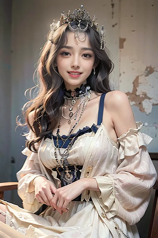 The image shows a young woman with long brown hair and brown eyes. She is wearing a white and blue dress with a corset and a crown on her head. She is sitting in a chair and has a gentle smile on her face. The background is blurry and looks like an old wall.