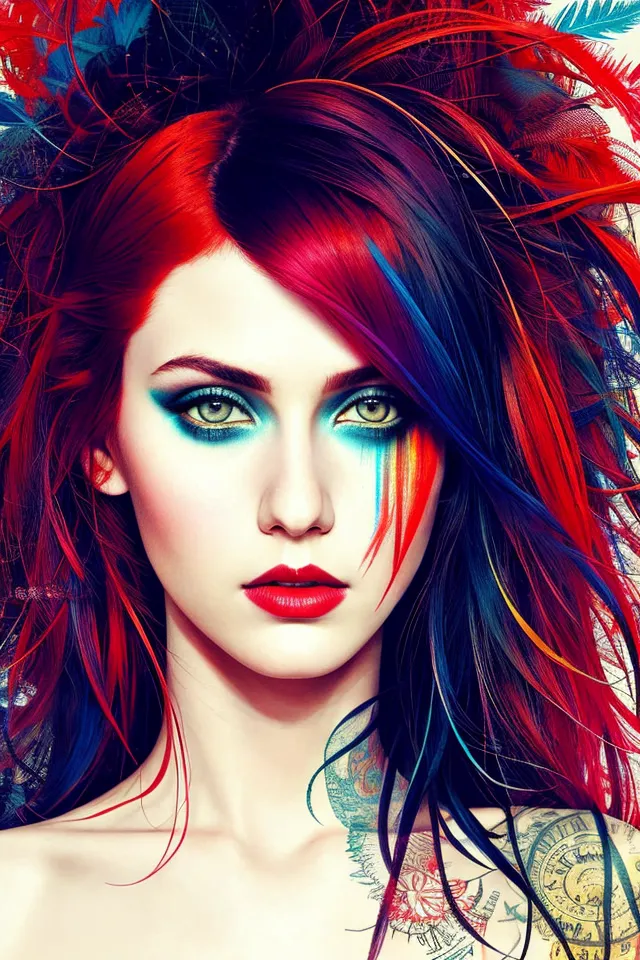 This image is a depiction of a woman with vibrant hair and makeup. Her hair is a mixture of red, blue, and purple, styled in a way that resembles flames. The woman's eyes are a light green color, and she is wearing blue eyeshadow and dark red lipstick. Her cheeks are flushed with a warm pink color. She has a tattoo on her right arm that resembles a clock with roses.