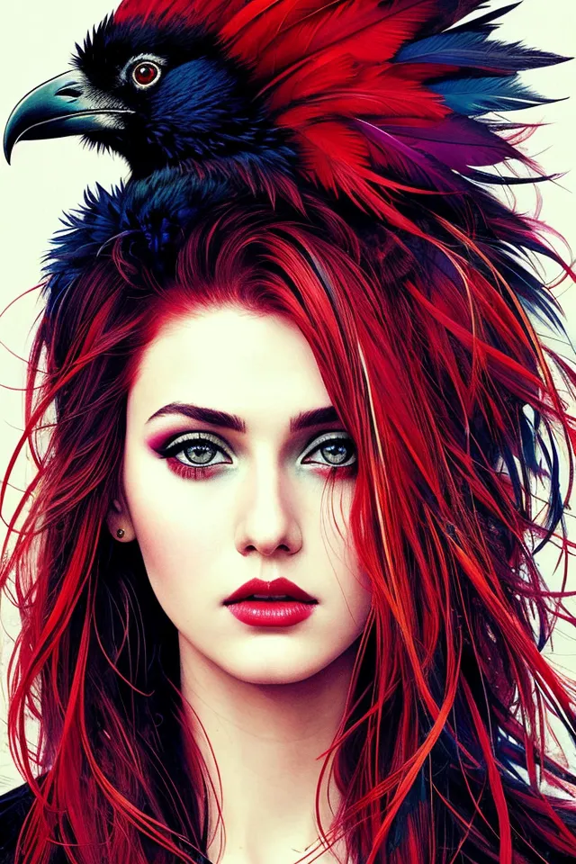 This image shows a woman with long red hair and green eyes. She is wearing a black and red feathered headdress with a raven perched on top of it. The raven has black feathers with a blue sheen and red beak and feet. The woman's face is painted with red eyeshadow and lipstick. She is looking at the viewer with a serious expression.