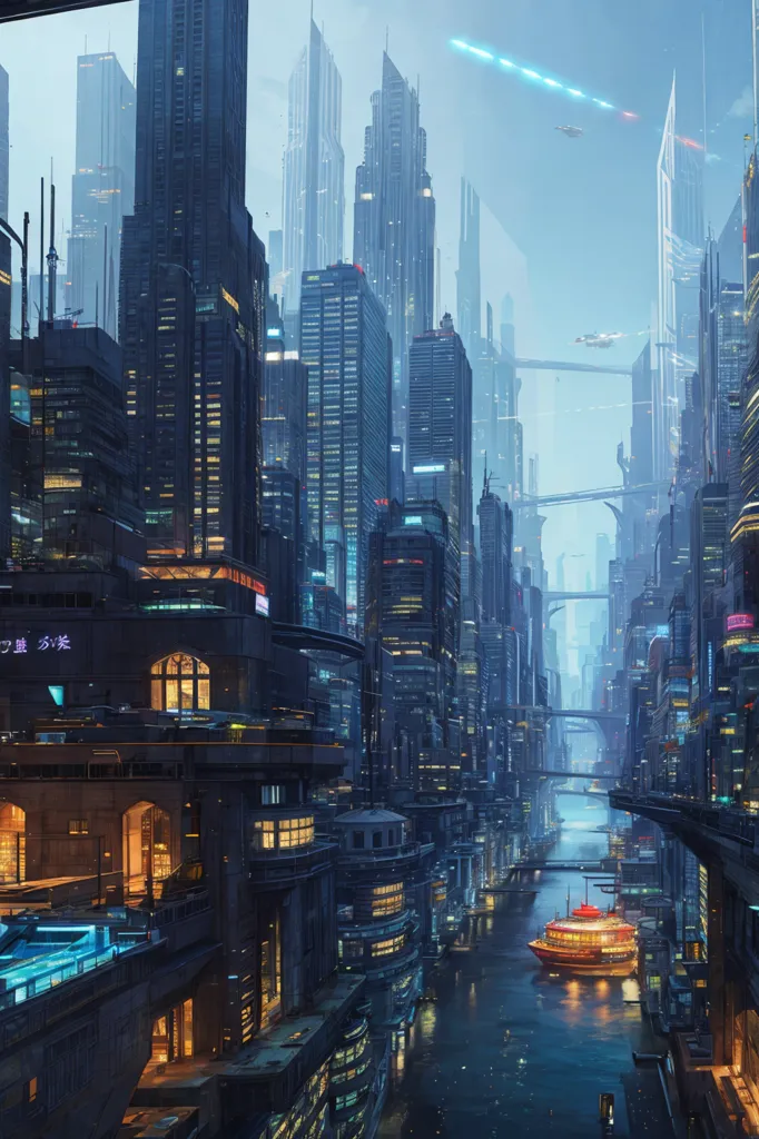 The image shows a futuristic city with tall skyscrapers and a river running through the middle. The river is spanned by bridges, and there are boats on the river. The buildings are lit up by neon lights, and there are people walking around on the streets. There are also some flying cars in the sky. The city is very crowded, and it looks like it is a very busy place.