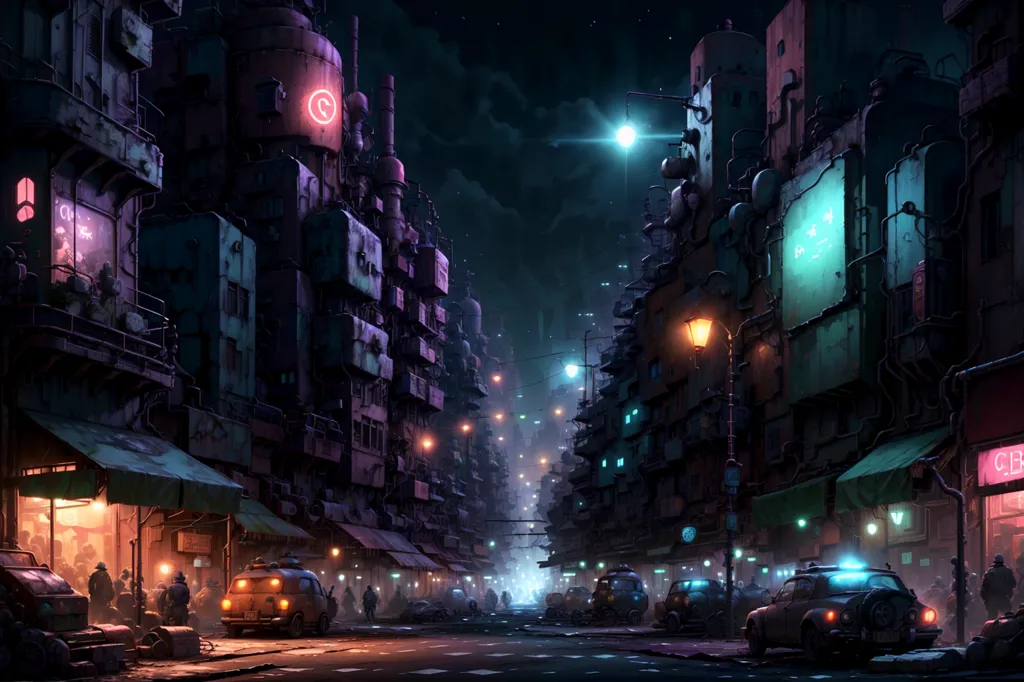 The image shows a street in a cyberpunk city. It is night time and the street is lit by neon lights. The buildings are tall and covered in graffiti. There are people walking on the street and there are cars parked on the side of the road. The image is dark and has a futuristic feel to it.