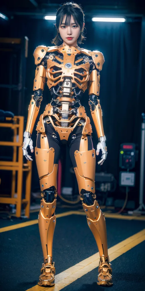 The image shows a young woman standing in a dark room. She is wearing a golden exoskeleton suit that covers her entire body. The suit is made of a metal material and has a ribbed design. The woman's face is visible through the suit, and she has short brown hair and brown eyes. She is also wearing a pair of black sneakers. The background of the image is a dark, industrial setting with spotlights shining down on the woman.