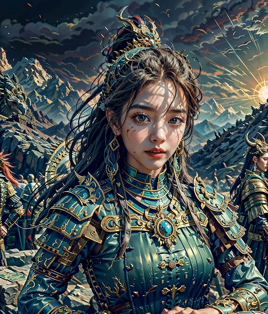 Esta imagem mostra uma bela mulher jovem vestida com armadura chinesa antiga. A mulher tem cabelos escuros longos e olhos azuis, e está usando uma couraça verde e dourada com desenhos dourados intrincados. Ela também está usando uma saia azul com um cinto dourado e ombreiras douradas. A mulher está em pé em uma paisagem montanhosa e parece estar pronta para a batalha.