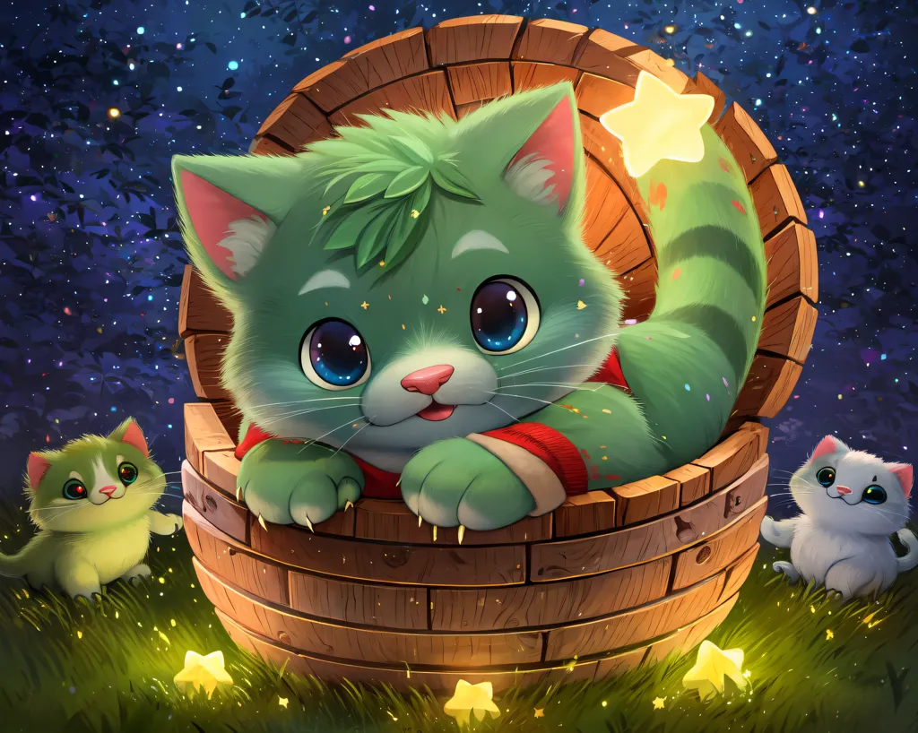 The image is a cartoon of a green cat sitting in a wooden bucket. The cat has big blue eyes and a pink nose, and is wearing a red scarf. The cat is surrounded by stars and there are two other cats, one white and one green, standing outside the bucket. The background is a night sky with many stars.