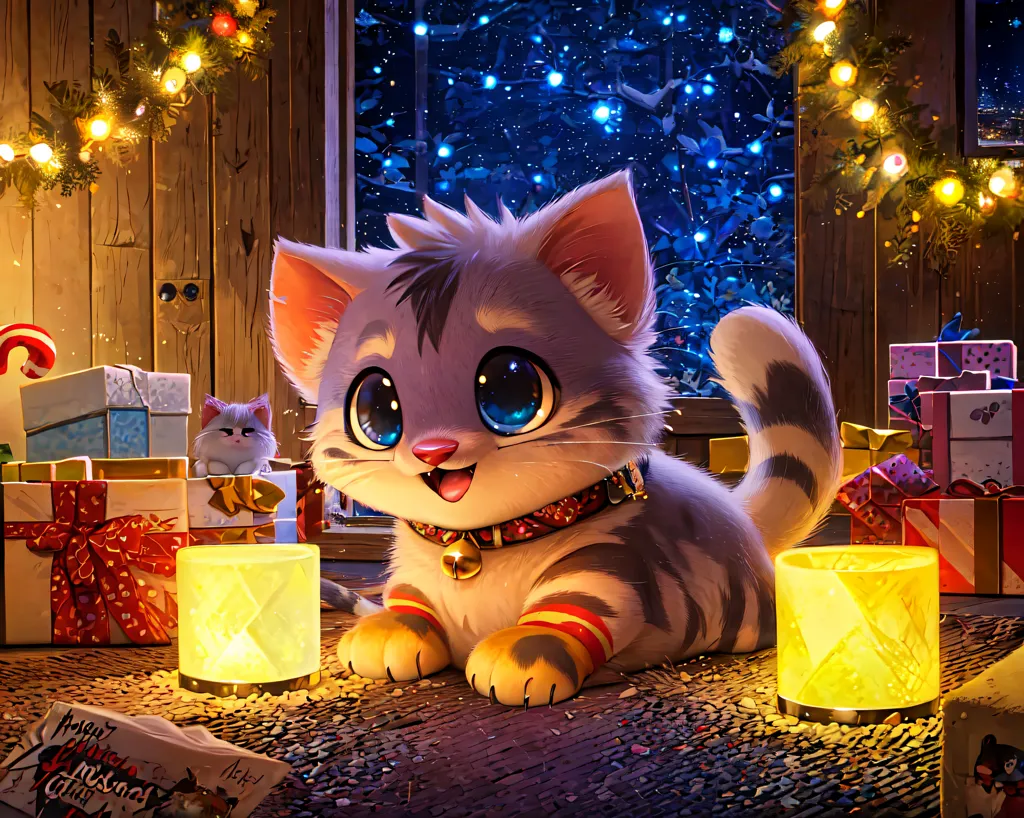 The image shows a cute cartoon cat sitting in front of a window. The cat has big blue eyes, a pink nose, and is wearing a red and gold collar with a bell. It is sitting on a brown rug, surrounded by Christmas presents and two lanterns with candles. There is a small white cat sitting on top of one of the presents. The window is decorated with Christmas lights, and there is a snowy forest outside. The overall tone of the image is warm and inviting.