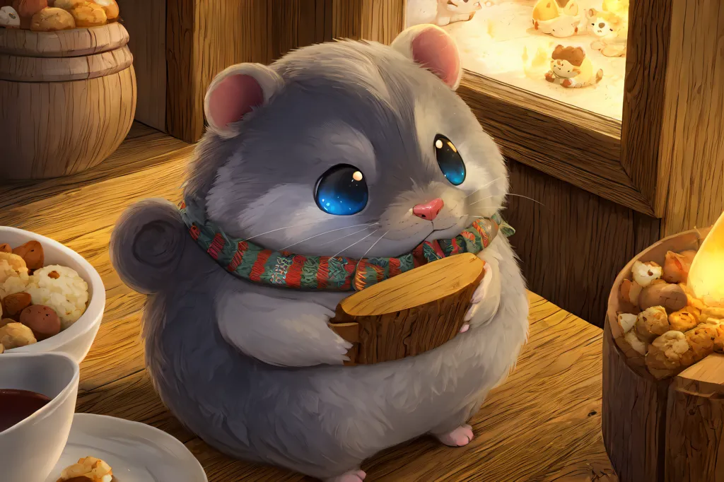 The image shows a cute hamster wearing a red and green scarf sitting on a wooden table. The hamster is holding a piece of wood in its paws. There are three bowls on the table. One bowl is filled with popcorn, another with nuts, and the third is empty. There is also a candle on the table. The hamster is looking at the candle with its big, blue eyes.