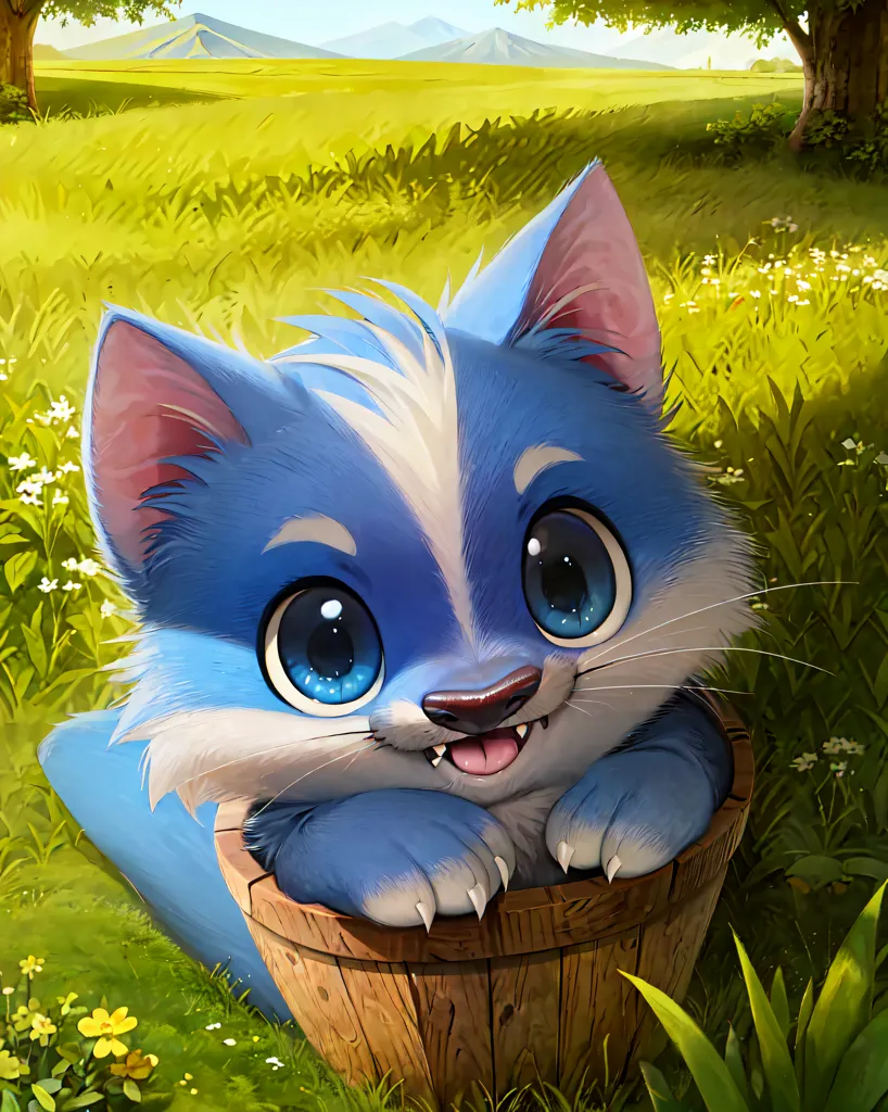 The image is of a blue and white cartoon animal sitting in a wooden bucket. The animal has large blue eyes, a heart-shaped nose, and fluffy ears. It is smiling and has its paws resting on the edge of the bucket. The background is a green field with flowers and trees. There is a mountain range in the distance.