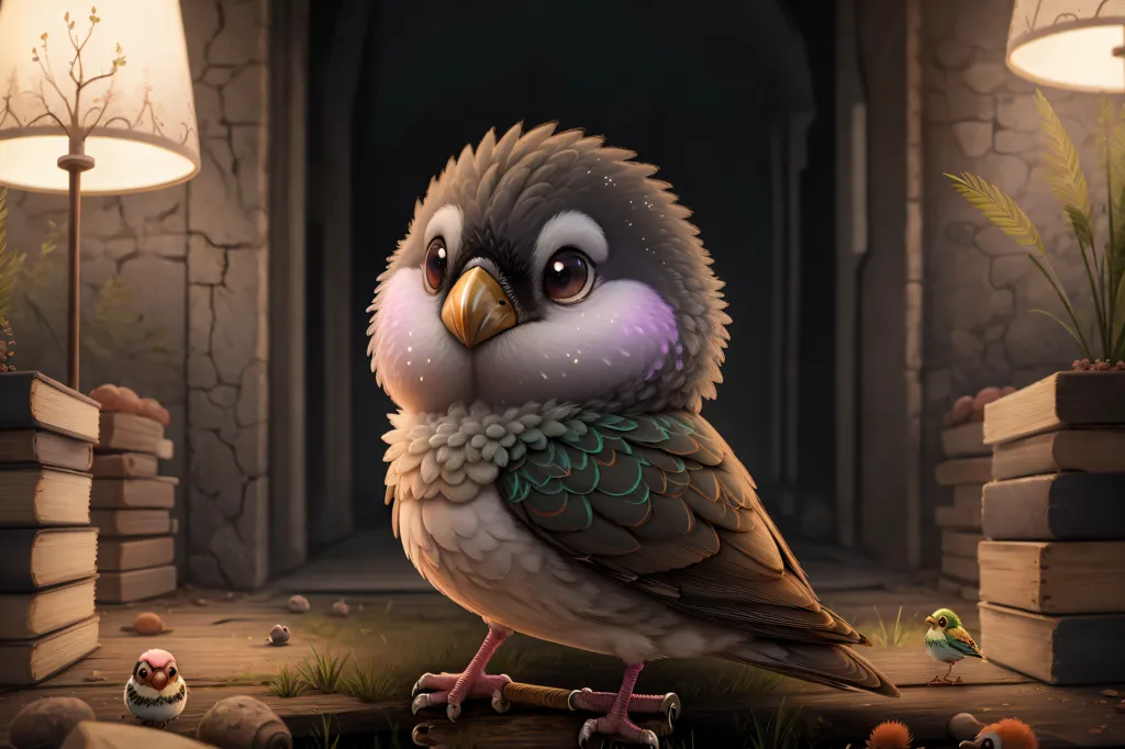 The image shows a small, round bird with gray and white feathers. It has a yellow beak and black eyes. The bird is standing on a wooden floor in front of a stone wall. There is a lamp on the left side of the image and a small green bird on the right side. There are also some books and other objects on the floor. The image is warm and inviting, and it has a whimsical quality.