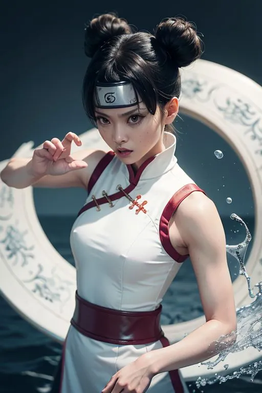 The image is of a young woman with brown hair and brown eyes. She is wearing a white and red cheongsam-style dress with a red belt and a metal plate on the front. She is also wearing a headband with a metal plate on it. She is standing in a fighting stance, with her left hand raised in a blocking position and her right hand extended forward. She is surrounded by a ring of water.