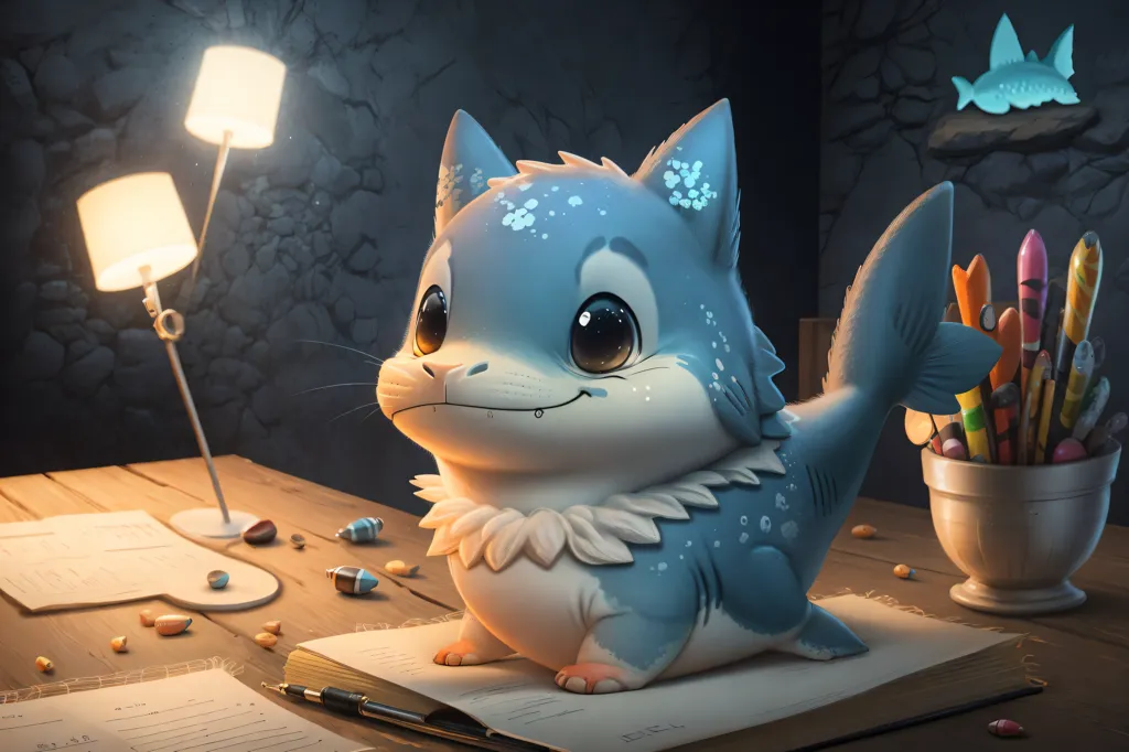 The image shows a cute cartoon shark sitting on a table. The shark is blue and white with big eyes and a friendly smile. It is wearing a party hat and there are presents and balloons around it. The shark is sitting in front of a stack of books and there is a lamp on the table. The background is a dark blue color with a few stars.