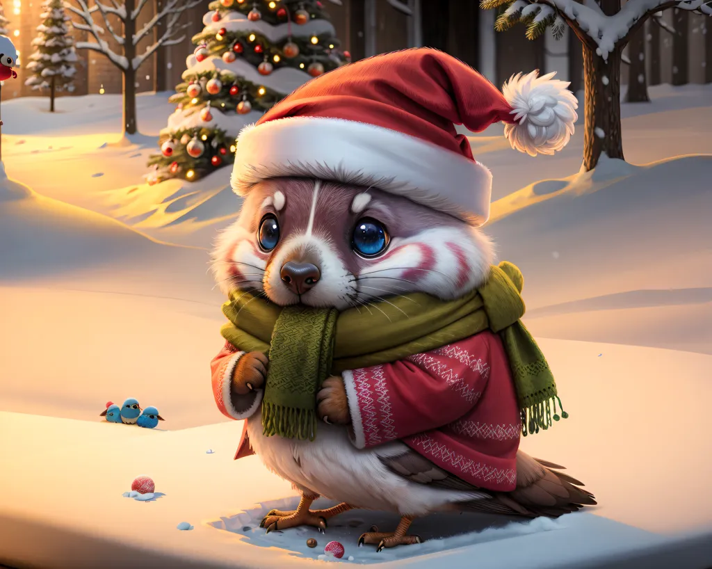 The image shows a cute cartoon animal wearing a Santa hat and a green scarf. The animal is standing in a snowy forest surrounded by decorated Christmas trees. In the background, there is a small blue bird. The animal is looking at the viewer with big, round eyes. It has a small, black nose and two long, pointed ears. Its fur is white and gray. The Santa hat is red and white, and the scarf is green. The animal is standing on two legs and has small, black feet. There are two small, red balls on the ground in front of it. The image is very cute and festive.