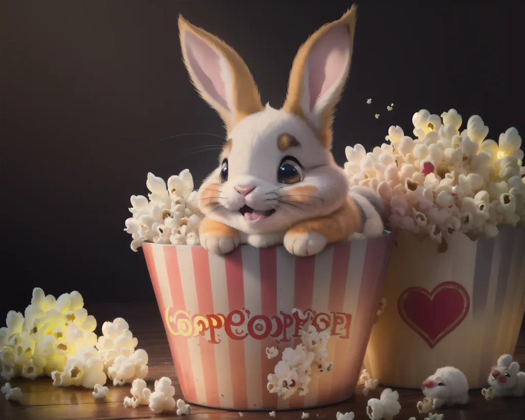 The image shows a cute rabbit sitting in a red and white striped popcorn bucket. The rabbit has brown ears and a white body. It is smiling and looking at the camera. There is a second, smaller popcorn bucket to the right of the rabbit. There are also some kernels of popcorn scattered on the table. The background is a dark brown.