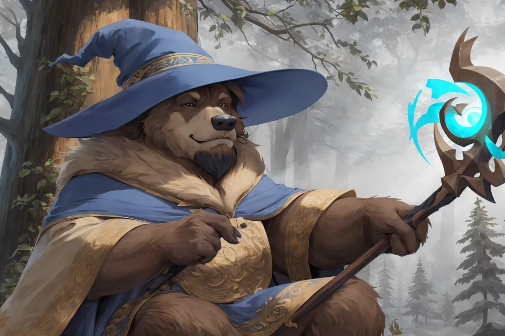 The image is a painting of a brown bear wearing a blue wizard's hat and robe. The bear is sitting on a rock in a forest, and is holding a staff in its right paw. The bear has a friendly expression on its face, and is looking at the viewer. The painting is done in a realistic style, and the fur on the bear is particularly well-rendered. The background of the painting is a forest, with trees and leaves in various shades of green.