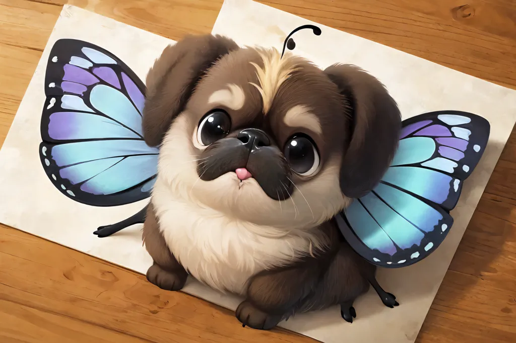 The image contains a cute puppy with butterfly wings. The puppy is sitting on a wooden table. The puppy has light brown fur with a white belly and a black nose. The butterfly wings are blue and purple. The puppy is looking at the viewer with its big, round eyes.