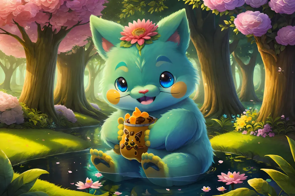 The image is of a cute, cartoon-like creature. It has blue fur, big blue eyes, and a pink nose. It is sitting in a pond, surrounded by pink and white flowers. The creature is holding a jar of honey in its paws. There are trees and flowers in the background. The creature is smiling and looks happy.