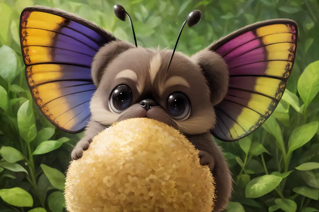 The image shows a cute cartoon creature with the body of a puppy and the wings of a butterfly. The wings are a bright mix of yellow, orange, purple, and blue. The puppy has big, round eyes and a tiny, black nose. It is sitting in a field of green grass and flowers and is holding a large, yellow flower in its paws. The creature is looking at the viewer with a curious expression.