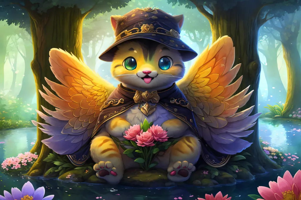 The image shows a cute cat wearing a wizard hat and a golden cape with wings. The cat is sitting on a small piece of land in the middle of a pond, surrounded by trees and flowers. The cat has a happy expression on its face and is holding a bouquet of pink flowers. The image is drawn in a cartoon style and has a whimsical feel to it.